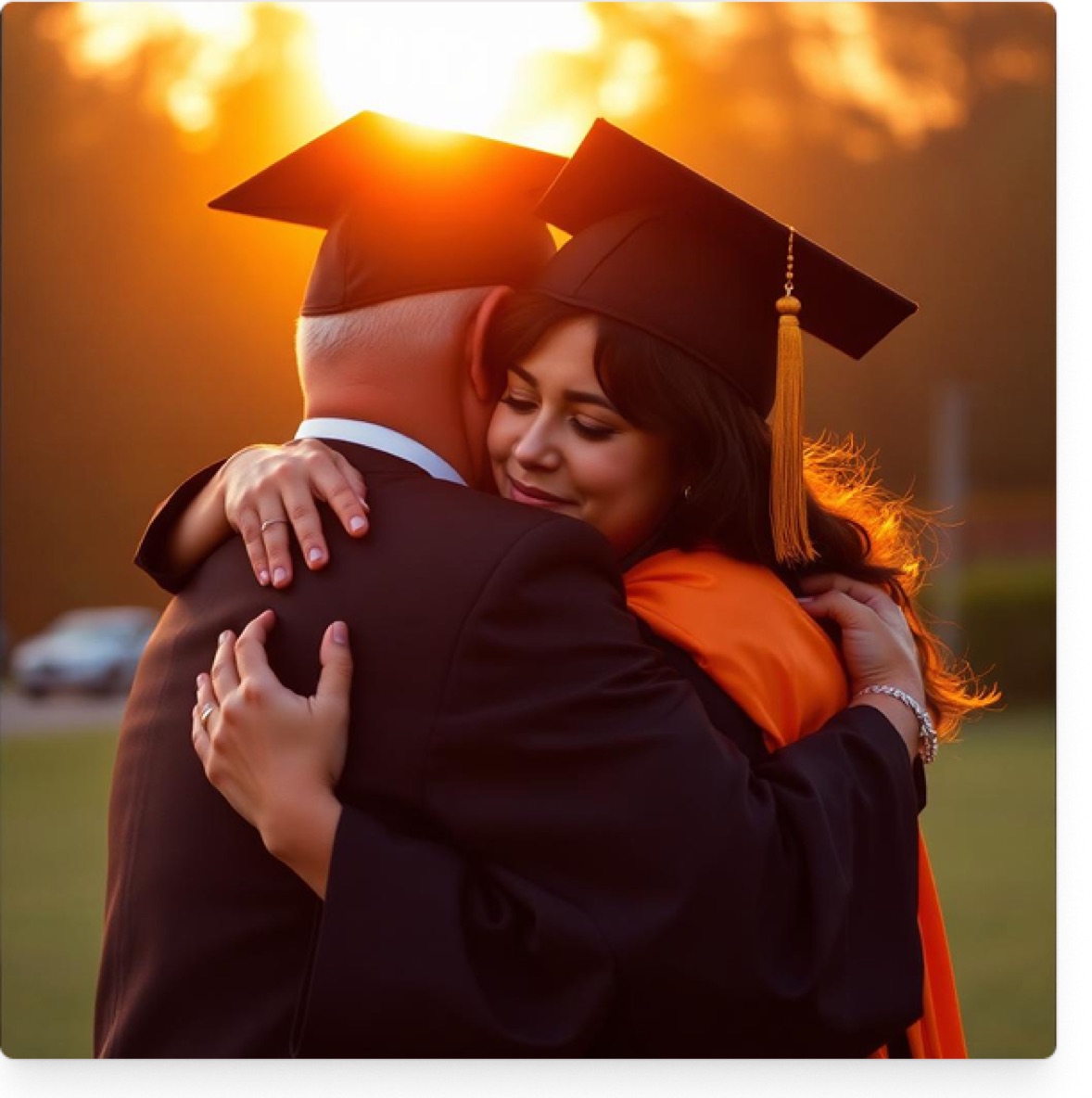 A parent embraces their graduating child at sunset